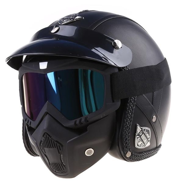 

pu leather 3/4 helmets open face vintage motorcycle bike helmet with goggle mask