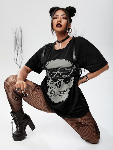 

plus skull print drop shoulder tee without accessories t5sg#, Black
