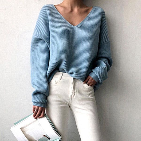 

women's sweaters simple women v-neck loose sweater versatile irregular hem solid color base fs99, White;black