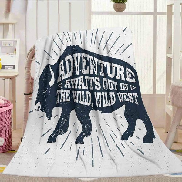 

Sherpa Blanket 40" x 50", Adventure Cozy Blanket Hand Drawn Tribal Art Design with Buffalo Figure and Inspirational Phrase,