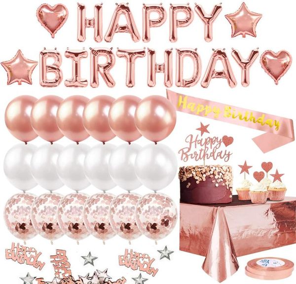 

fan haus rose gold birthday party decoration, happy banner, aluminum foil tablecloth, belt, decoration