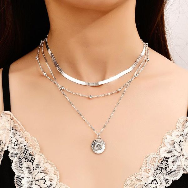 

pendant necklaces cute heart love simple multi layer choker necklace lotus jewelry bohemia alloy neck chain for women, Silver