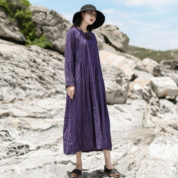 Johnature Kadınlar Kadife Vintage Elbiseler Katı Renk Orijinal Bahar Robe O-Boyun Uzun Kollu Kadın Çin Tarzı Elbise 210521