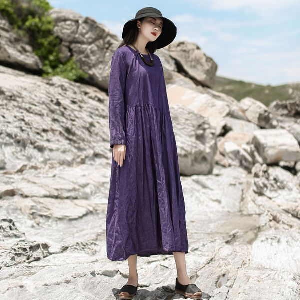 

johnature women corduroy vintage dresses solid color original spring robe o-neck long sleeve female chinese style dress 210521, Black;gray