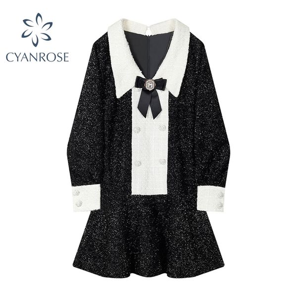 

women's vintage lapel bownot collar short dress long sleeve wool blend party office ladies vestidos elegant ol crop dresses 210430, Black;gray