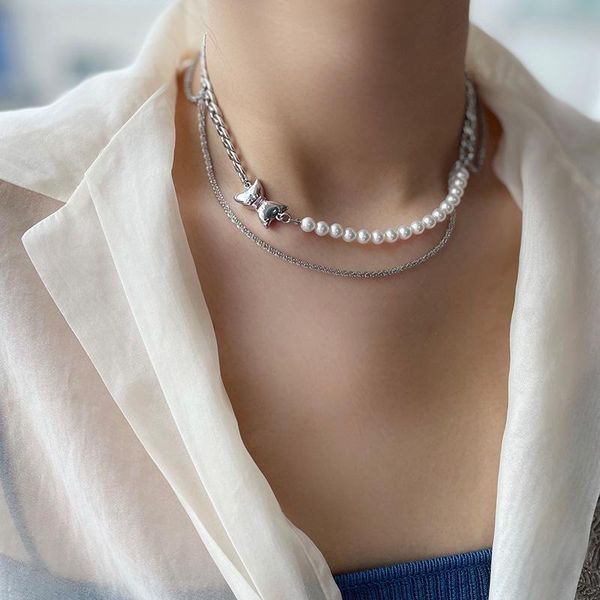 

chokers lovoacc stylish white freshwater pearl choker necklace for women asymmetry chunky cuban chain bowknot pendant necklaces gifts, Golden;silver