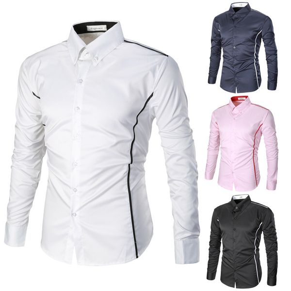 

men fashion shirt streetwear social long sleeve male solid color casual slim fit clothing comfortable shirt with 4 colors asian size, White;black