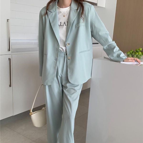 

women's two piece pants casual blazer set women long sleeve loose suit jacket coat + high waist wide leg office lady 2 outfits, White