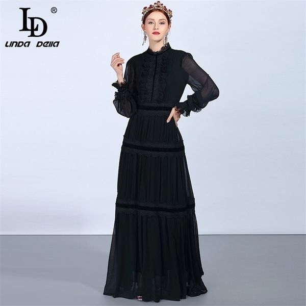 

ld linda della fashion runway maxi dresse's long sleeve lace patchwork ruffles vintage black dress elegant party dress 220311, Black;gray