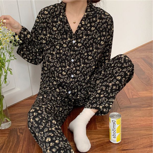 

women's sleepwear leopard print long sleeve cardigan for home wear two piece set spring autumn pajamas women lapel fashion sleepwear fe, Black;red