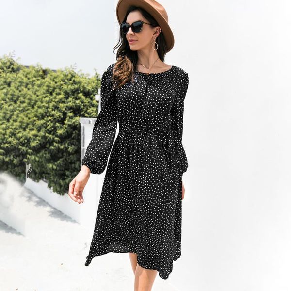 

casual dresses 2021 autumn polka dot print midi dress women fashion o-neck long sleeve sashes black office lady party, Black;gray