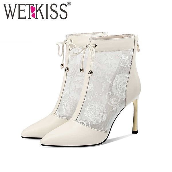 

wetkiss cross bandage mesh boots high heels summer boots leather shoes rubber sole shoes women 210630, Black