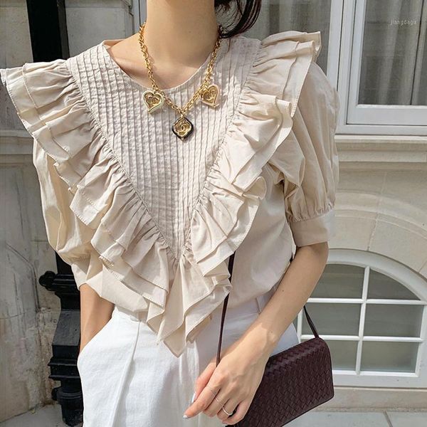 

women's blouses & shirts women blouse korean chic french summer o-neck heavy industry folds ruffle stitching loose puff sleeve shirt f, White