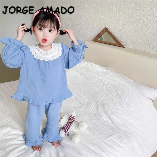 

spring baby pajamas long sleeve cotton lace peter pan collar + pants homewear kids outfits e0030 210610, Blue;red