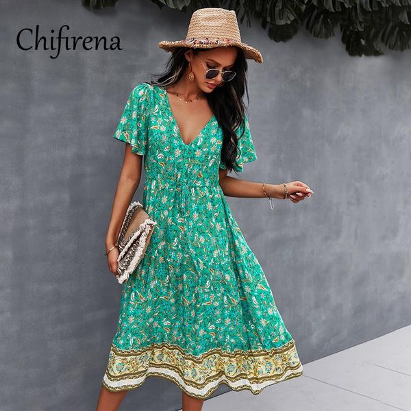 

casual dresses chifirena summer dress 2021 floral print women's short sleeve v neck beach boho for women party sundress robe, Black;gray