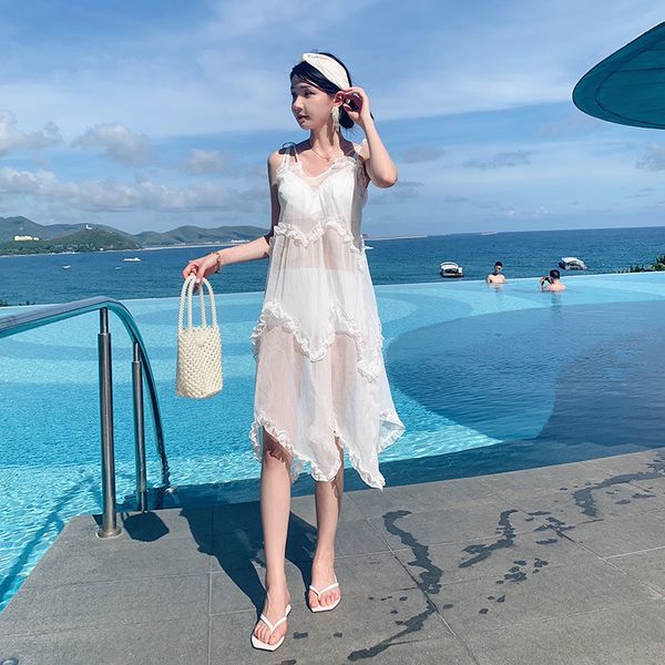 

bikini split three piece suit, slim and sexy, small chest, gathered wind mesh, spring swimsuit, female, Black;white