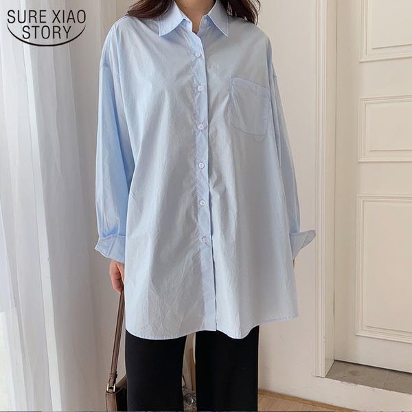 

women's blouses & shirts fashion woman plus size long blouse women 2021 korean solid mid-length autumn cotton chic office lady 10359, White