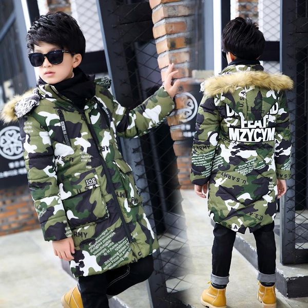 

camouflage 2021 children's down jacket long thick boy winter coat duck kids jackets for outerwear fur collar, Blue;gray