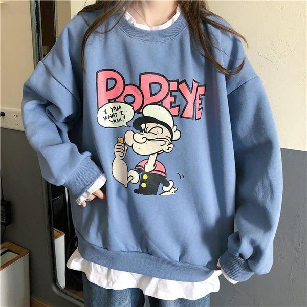 

women's hoodies & sweatshirts qrwr 2021 women sweatshirt spring autumn korean o neck cartoon print pullovers loose oversized fleece, Black