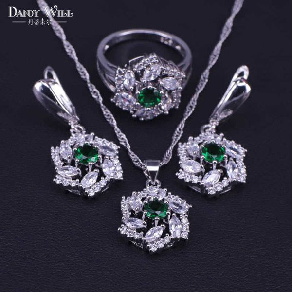 Conjunto de jóias nupciais Conjunto de cor de prata Green Stone Branco Zircão Cúbico Brincos / Pingente / Brincos / Anéis Set H1022