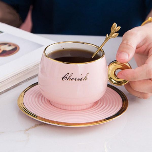 

1pcs 240ml letter golden handle coffee mug with saucer and spoon creative 3colors milk tea juice ceramic cup gift for friend mugs