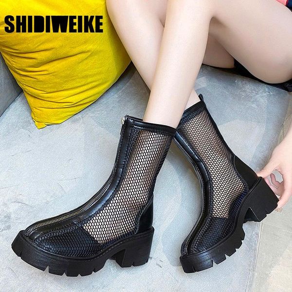 

cool boots leather mesh zipper female pumps spring summer round toe square high heel women shoes size 35-39 vc487, Black