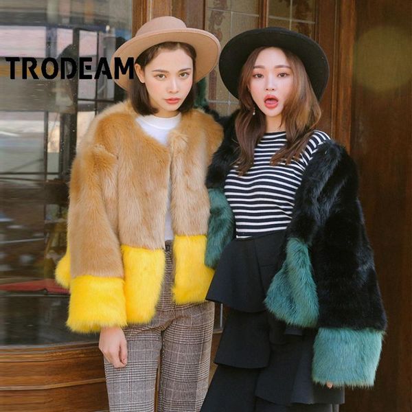 

women's fur & faux trodeam 2021 fashion european america imitation autumn winter stitching short jacket long-sleeved round neck coat fe, Black