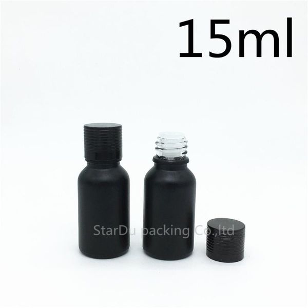 

10pcs 15ml black frosted glass bottle vials essential oil aluminum screw cover perfume storage bottles & jars
