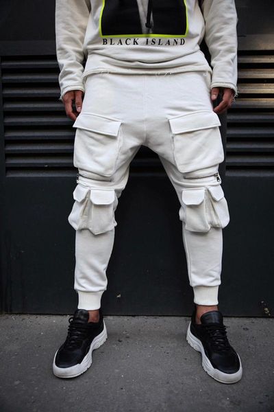 

men pants pencil casual sport jogger pocket hip hop solid color fitness slim fashion sports tide men's, Black