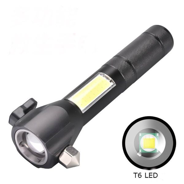 

rechargeable t6 led+cob light waterproof durable zoom torch with safety hammer cutting for outdoor camping flashlights torches