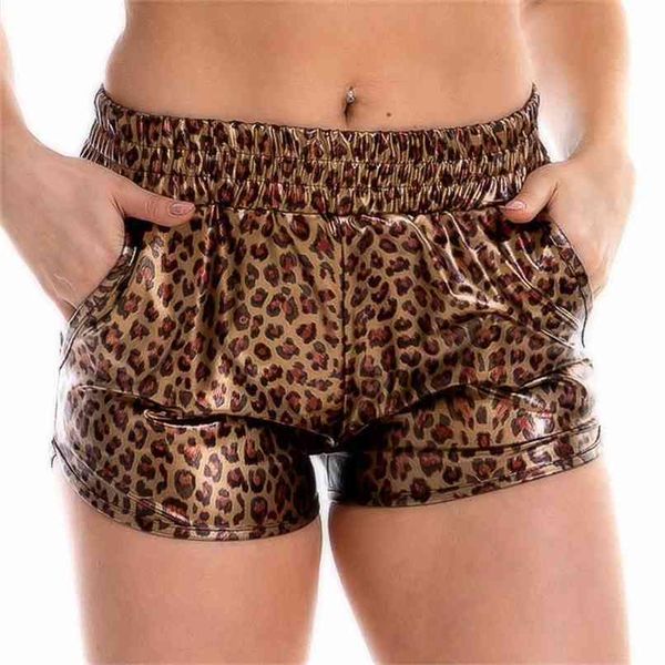 Mulheres Skinny PU Couro Gold Leopard Shorts Verão Brilhante Elástico Cintura Metálico Booty Club Rave Festival Calças Bottoms 210714