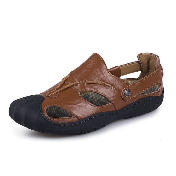 

sandals men leather erkek sandalet closed toe genuine large size soft sole summer beach, Black