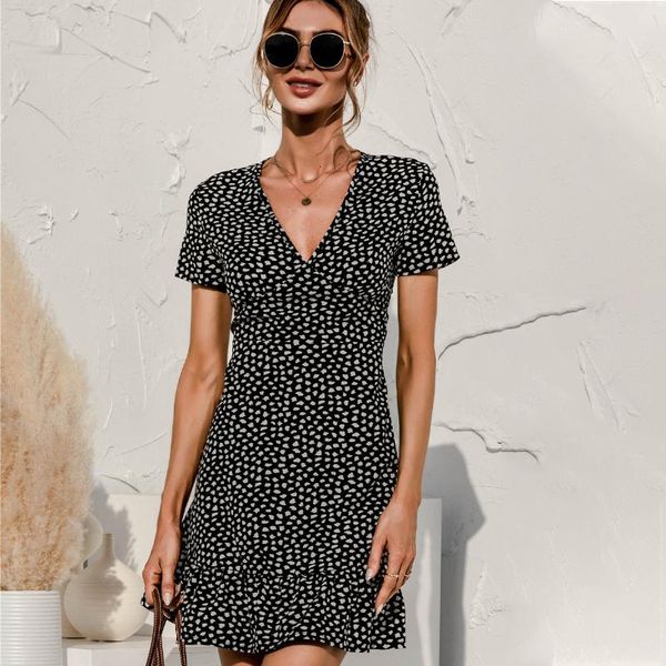 

casual dresses short sleeve deep v-neck floral dot print dress for lady fashion boho style a-line banquet party mini vestidos, Black;gray