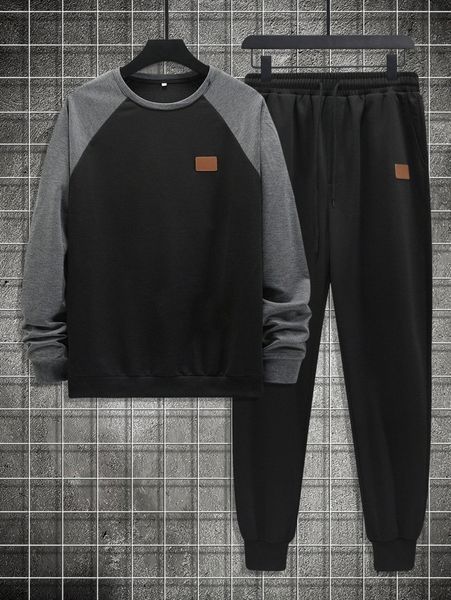 

men patched detail colorblock raglan sleeve sweatshirt & drawstring waist sweatpants v7q0#, Gray