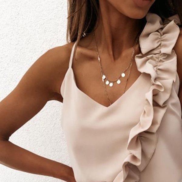 

laamei women shirts summer blouse v neck ruffle blouses backless spaghetti strap office ladies sleeveless casual, White