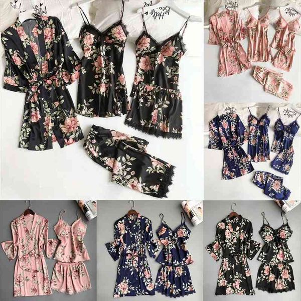 

pajamas set spaghetti strap womens sleepwears five piece silk printed lace v neck lingerie sets, Black;red