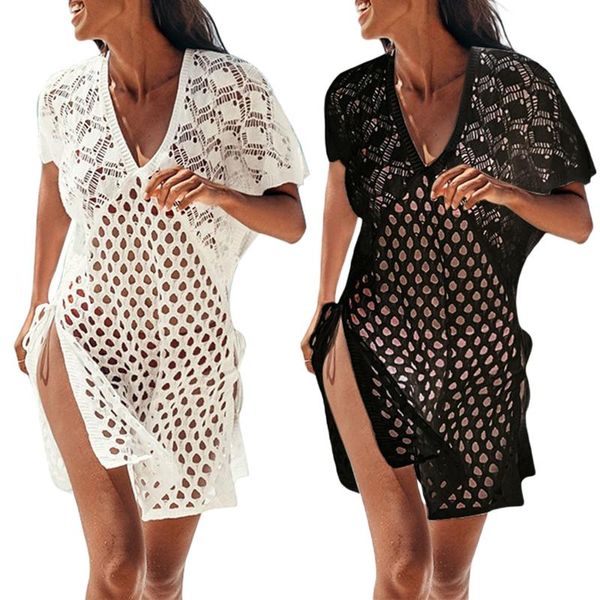 

women's swimwear women summer sun-proof dress, solid color hollow v-neck short sleeves swimsuit cover for girls, white/black