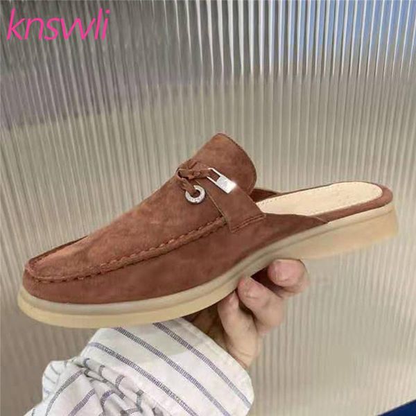 

metal lock decorate slippers women round toe suede mules female slides flat casual woman walk shoes comfortable ladies loafers, Black