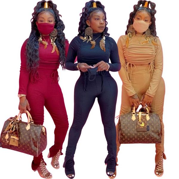 

women's two piece pants set women fall fashion street wear pure color long sleeves fold vented casual clothing wholesale drop, White