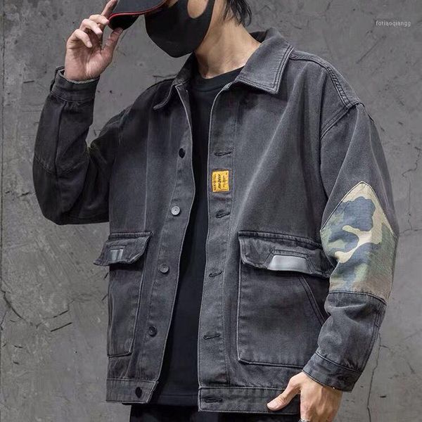

spring denim coat men's loose fashion brand camouflage work jacket big size fat trend versatile autumn top, Black;brown