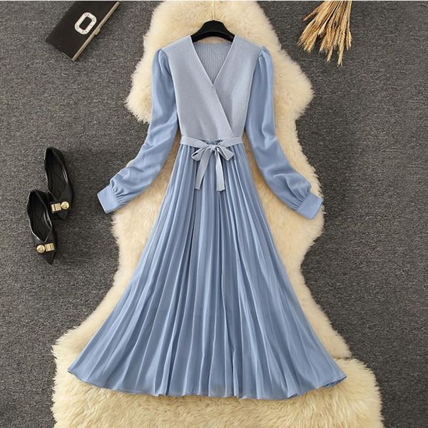 

casual dresses winter long midi party dress elegant blue v-neck knitted lantern sleeve slim formal pleated autumn, Black;gray