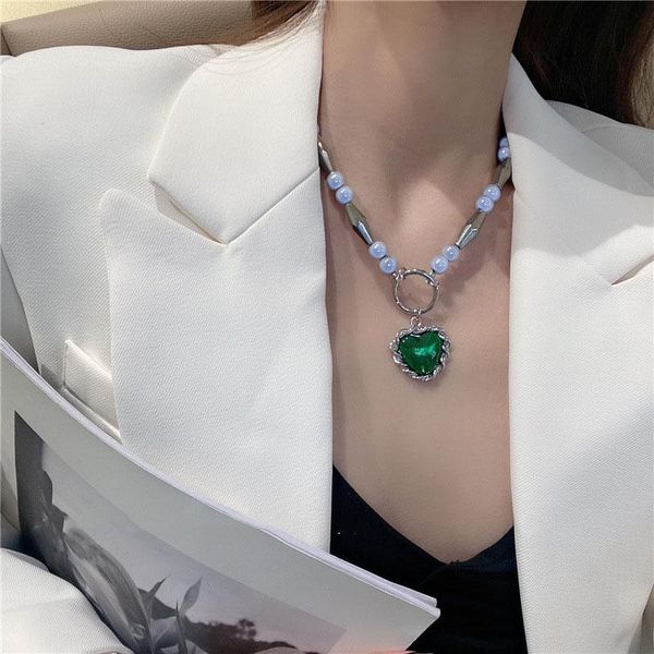 

pendant necklaces allme retro green color love heart necklace for women gold reflective beaded chain choker wedding jewelry, Silver