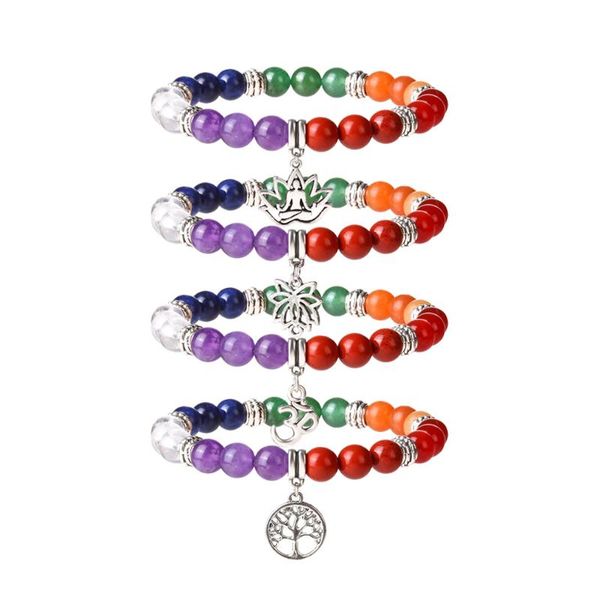 

beaded, strands 7 chakra gem healing crystal elastic bracelet natural round bead yoga balance tree of life lotus jewelry, Black