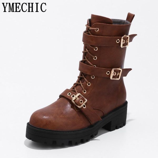 

boots ymechic botines women shoes winter autumn lacing buckle strap side zipper black brown lady military ankle large size 35-45