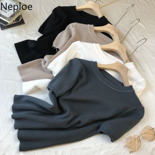 

neploe summer knitted women short sleeve t shirt korean simple fashion pullover o neck tees casual all match slim clothes 210422, White