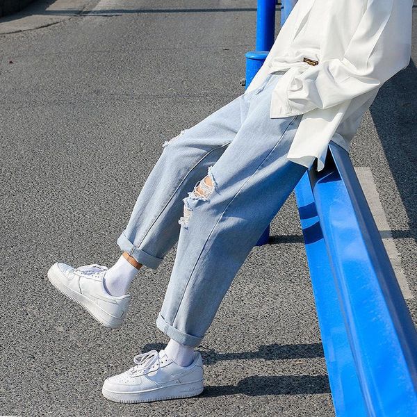 

women's jeans teenagers streetwear knee ripped women hip hop fashion classic destroyed hole denim pants female loose trousers, Blue