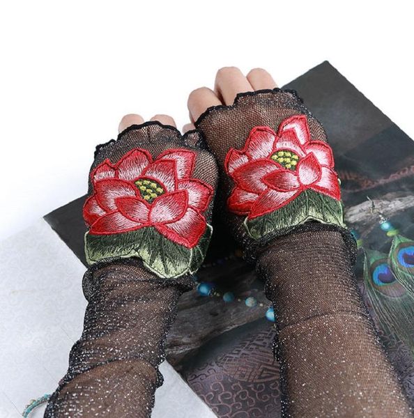 

five fingers gloves fingerless arm sleeve embroidery women fishnet sports punk hand mesh long cotton fashion sleeves, Blue;gray