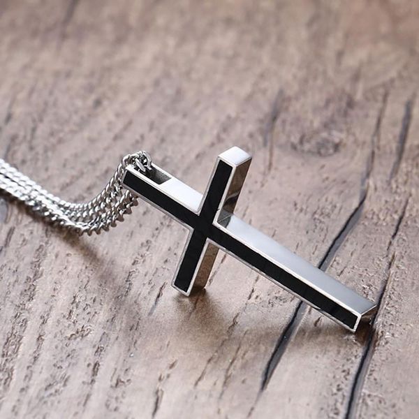 

pendant necklaces banru classic black jesus cross pendants women men stainless steel prayer crucifix male chocker chain, Silver