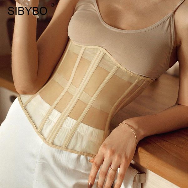 

sibybo black mesh back lace up waist corset women fashion bandage slim wide belts elegant femme streetwear vest tees, Black;white