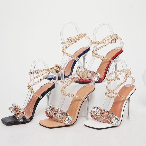 

2021 square head rhintone metal chain slotted buckle transparent thin high-heeled women's sandals